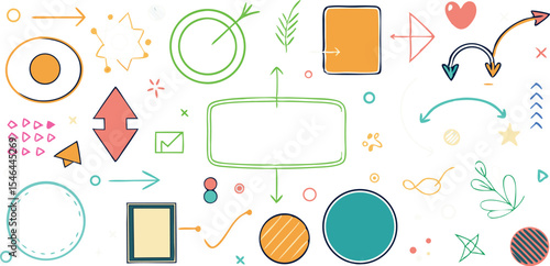 Hand drawn elements and arrows on white background