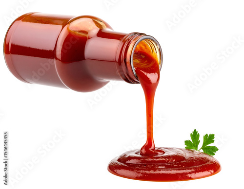 Ketchup bottle pouring sauce with green parsley leaf. Transparent background