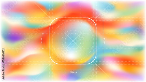 Vector illustration of mobile app icon with measurement lines. UI layout with guides showing size and spacing. Ideal for design specs, interface guidelines, and app development visuals. Editable lines