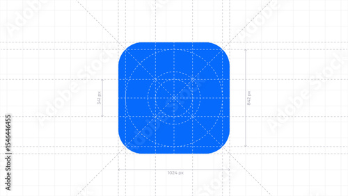 Vector illustration of mobile app icon with measurement lines. UI layout with guides showing size and spacing. Ideal for design specs, interface guidelines, and app development visuals. Editable lines