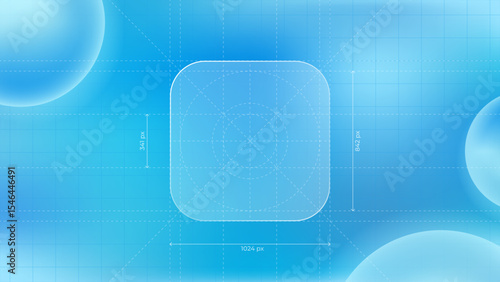 Vector illustration of mobile app icon with measurement lines. UI layout with guides showing size and spacing. Ideal for design specs, interface guidelines, and app development visuals. Editable lines