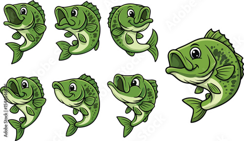 vector illustration of big bass lake fish funny cute cartoon mascot character cartoon with 7 poses 02