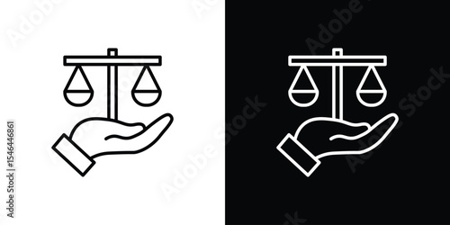 Justice scales in Hand icon in black. flat graphic vector icon
