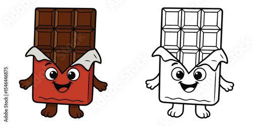 Cute coloring book cartoon of a chocolate bar unwrapped halfway on a white background illustration