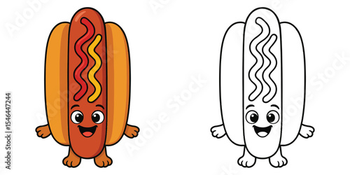 Cute coloring book of a hotdog cartoon with mustard and ketchup on a white background illustration
