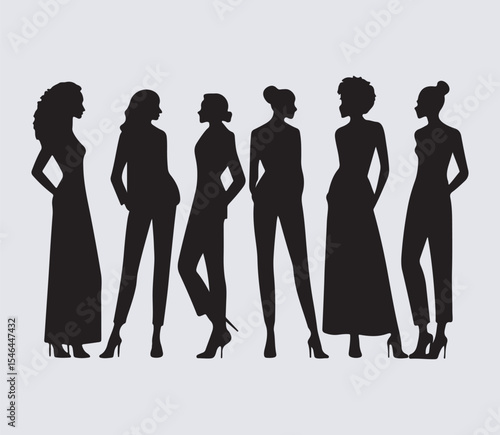 A digital illustration featuring five women depicted in a minimalist. The silhouettes are in black and white, showcasing various poses and clothing styles. 