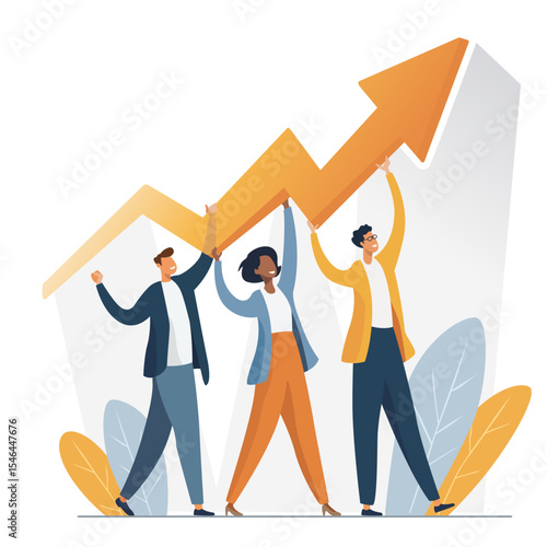 Enjoying success. Smiling successful business team carrying a growing graph. Vector flat illustration.