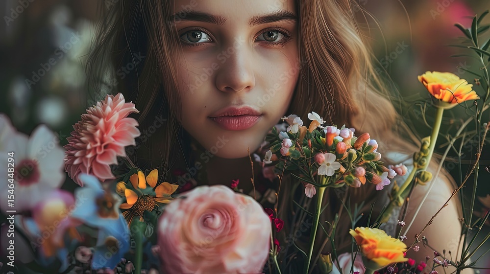 Naklejka premium beautiful young woman with flowers