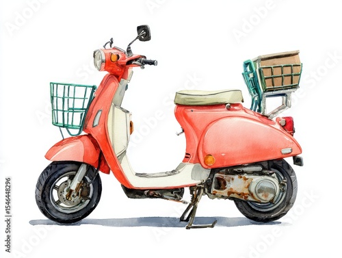 Vintage Red Scooter Watercolor Illustration with Green Baskets