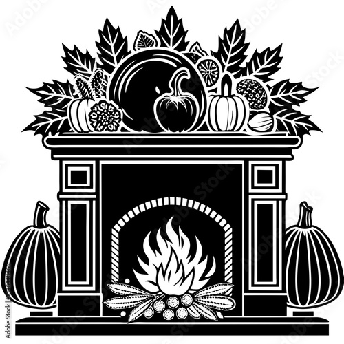 Thanksgiving fireplace mantel decorated with pumpkins and autumn leaves