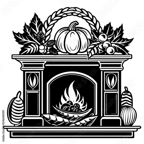 Thanksgiving fireplace mantel with pumpkin and autumn leaves decoration