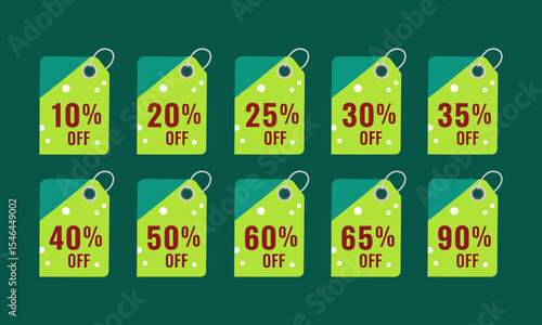 A set of ten green and teal polka dot discount tags from 10% to 90% off.. Ideal for e-commerce, banners, and print ads, clearly showcasing various discounts for retail marketing.