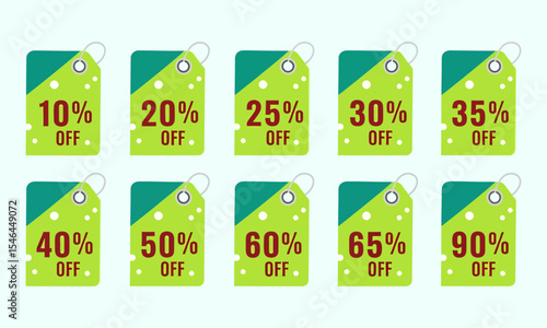 A set of ten green and teal polka dot discount tags from 10% to 90% off.. Ideal for e-commerce, banners, and print ads, clearly showcasing various discounts for retail marketing.