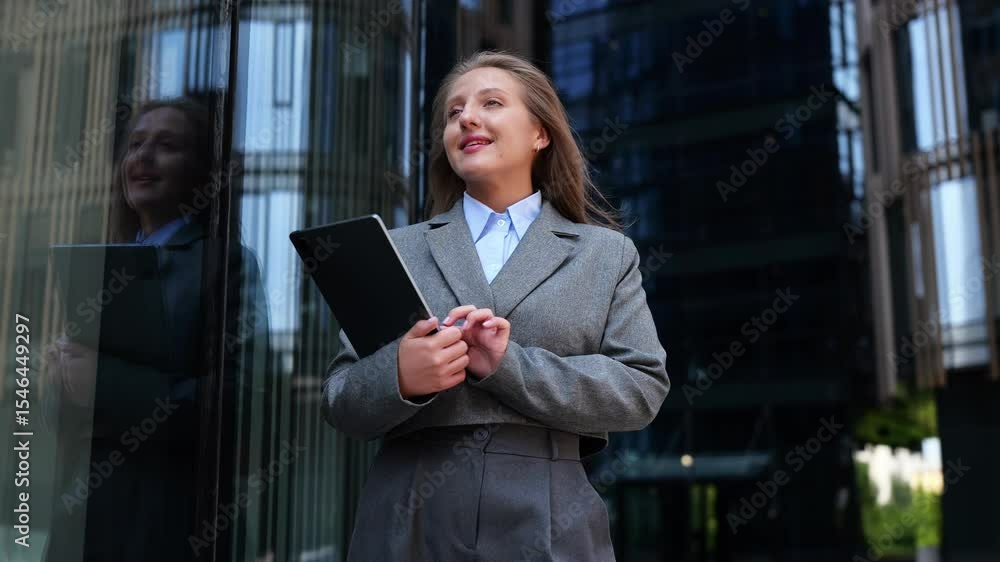 A confident businesswoman smiles with purpose, enjoying the sun outside urban architecture while using her tablet. A confident businesswoman smiles with purpose, enjoying the sun outside urban architecture while using her tablet.