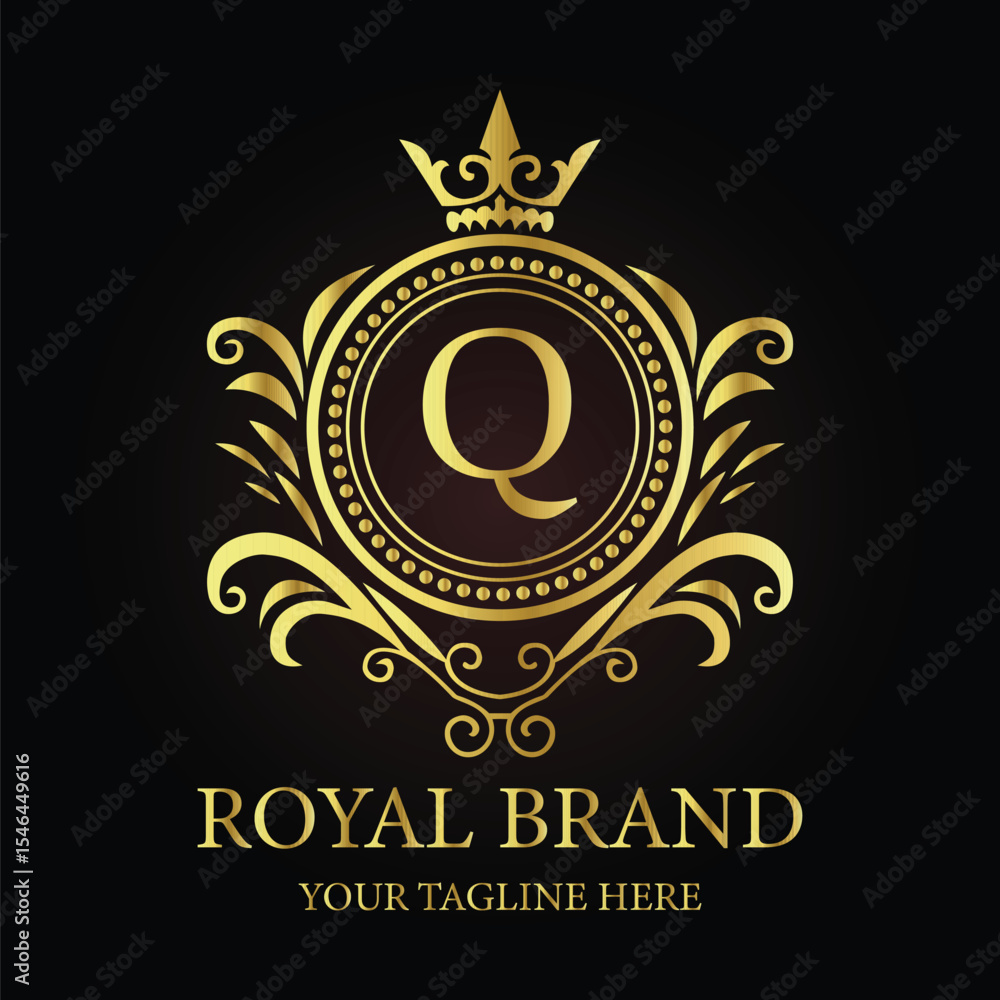 Fototapeta premium Golden shield vector emblem with crown and ribbon, a vintage award design element LOGO Q