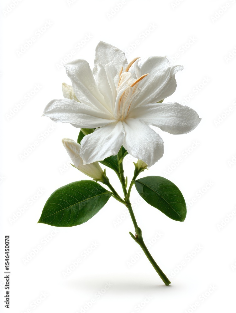Fototapeta premium White Flower with Dew Drops and Green Leaves on White Background