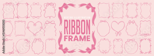 Cute ribbon frame set with bow for wedding, birthday party invitation and social media template decoration. Minimalist border, doodle line art, banner and ornament label or badge in coquette style.