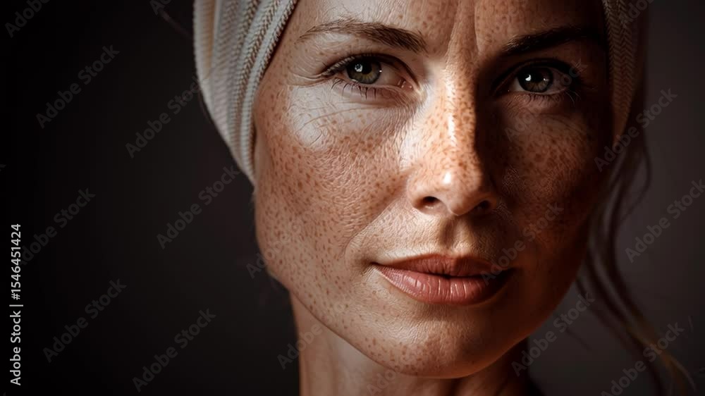 Close-up of a serene woman with natural freckles and smooth skin, looking into the distance. Minimalist beauty concept with soft lighting and warm tones Close-up of a serene woman with natural freckles and smooth skin, looking into the distance. Minimalist beauty concept with soft lighting and warm tones