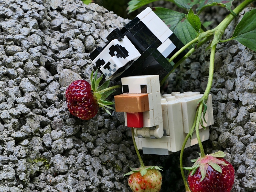 Fototapeta premium LEGO Minecraft panda and large hen reaching for small ripe strawberry fruit growing from concrete garden fitting. 