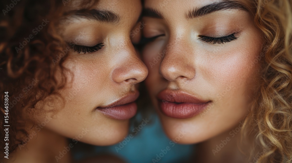 Obraz premium Two close friends with beautiful curls touch foreheads and share a peaceful, intimate moment, symbolizing deep connection, trust, and the joy found in meaningful relationships.
