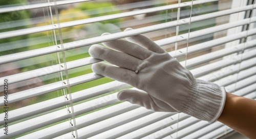 A gloved hand gently touches window blinds, a quiet moment of contemplation.