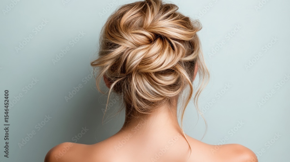 Fototapeta premium This elegant image presents a stylish updo hairstyle set against a soft pastel backdrop, highlighting the intricate hair arrangement and evoking feelings of beauty and femininity.