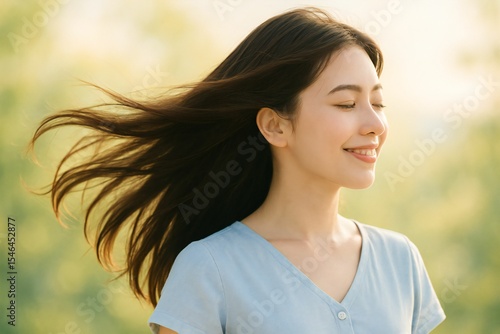 風に髪をなびかせる笑顔の女性のポートレート