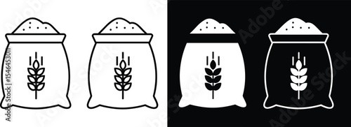 Grain and Flour Bag Icons: Outline, Glyph, and Inverted Styles with Wheat Stalk Symbol, Perfect for Agriculture, Bakery, Food Industry, and Harvest Concepts.