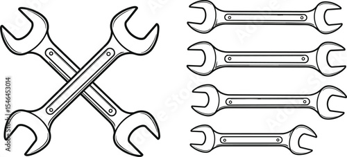Crossed and Parallel Wrench Outline Icons: Mechanic Tools for Repair, Maintenance, Engineering, Automotive, and Industrial Design Projects Requiring Technical Precision.