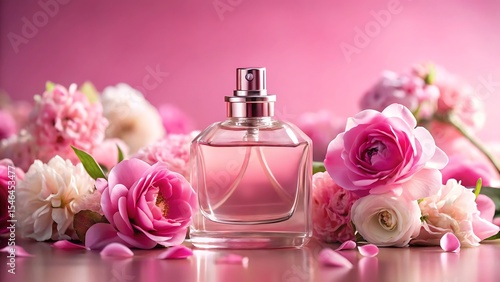 Pink Perfume Bottle with Flowers on Pink Background