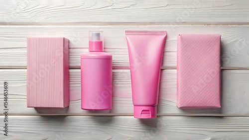 Pink Product Packaging Mockup Flatlay on White Wood