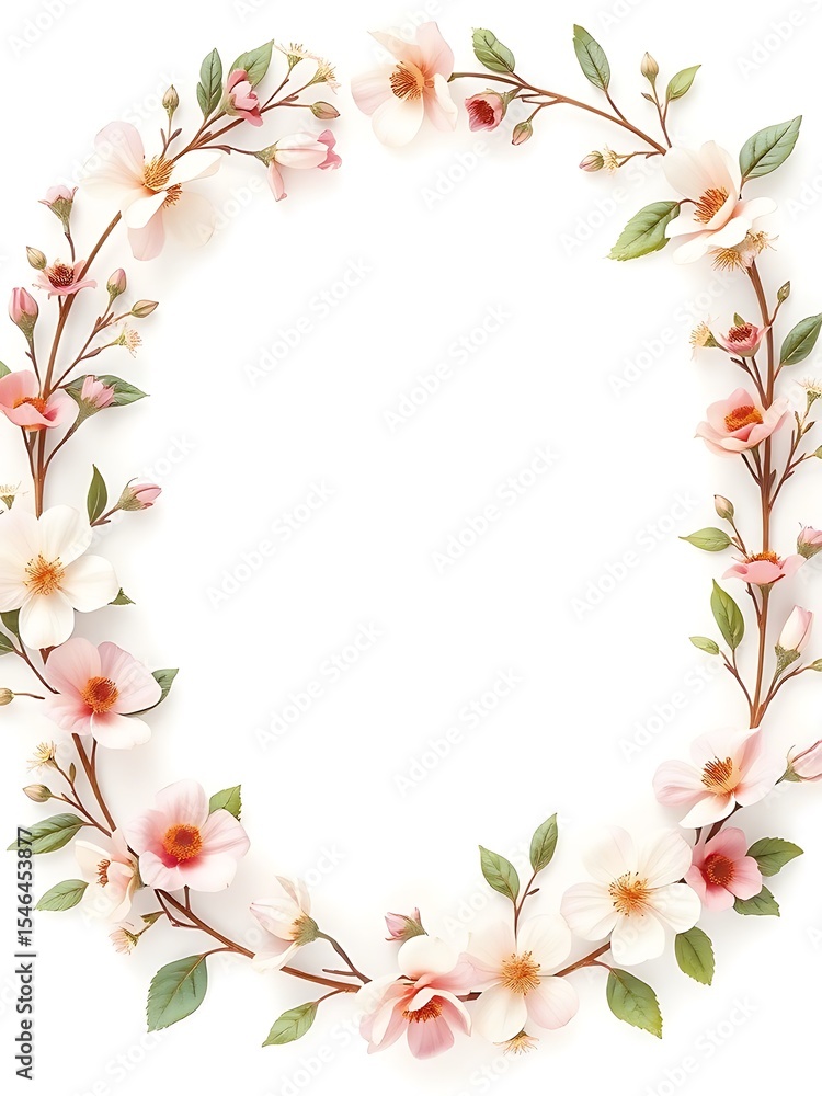 Fototapeta premium Oval floral frame of delicate pink and white blossoms arranged on branches
