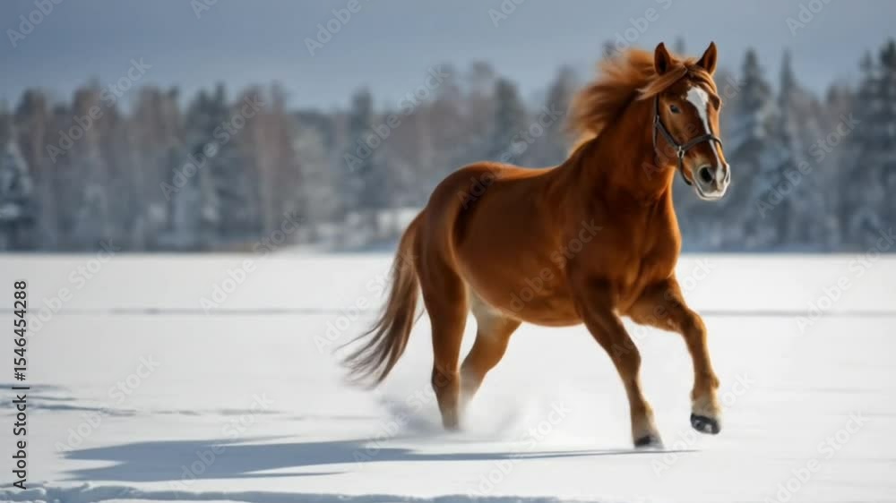 A majestic brown horse with a flowing mane galloping through deep snow in a beautiful winter forest landscape, seamless looping 4k time-lapse animation video background. Untamed nature concept A majestic brown horse with a flowing mane galloping through deep snow in a beautiful winter forest landscape, seamless looping 4k time-lapse animation video background. Untamed nature concept