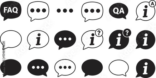 Comprehensive Speech Bubble Icons: FAQ, QA, Information, Question, and Message Symbols for Customer Support, Communication, User Interface, and Online Assistance.