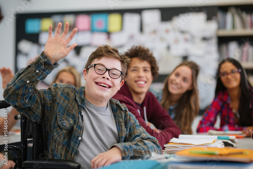 incusive classroom with a kid with special needs in the center raising the hand