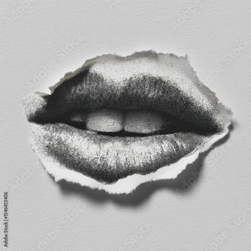 Generated Image of Retro vintage lips vibrant pop art collage, element set on transparent background monochrome halftone