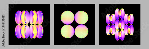 3d glass futuristic poster. Circle holographic gradient shape on black background. Geometric technology abstract pattern. Pink blue iridescent glass round element. Vector render illustration