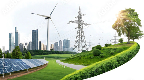 Sustainable energy concept with solar panels, wind turbines, power lines and cityscape, great for green energy campaigns, environmental blogs, clean tech infographics