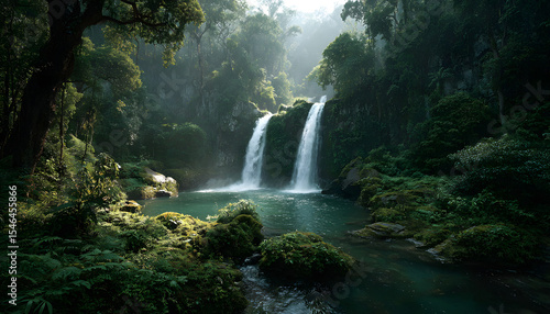 A double waterfall surrounded by green vegetation in a rainforest setting