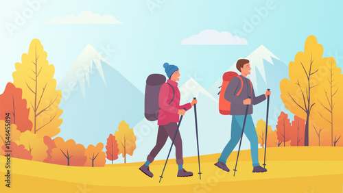 Hiking adventure. Man and woman hiking with backpacks and hiking poles against beautiful mountain autumn landscape. Travel to mountains vector illustration.