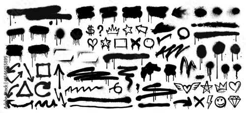 Graffiti spray pattern, line, frame, arrow, heart, crown, splash, stain, banner and grunge ornament icon. Abstract paint brush stroke, watercolor texture and graffiti stencil symbol for social media.