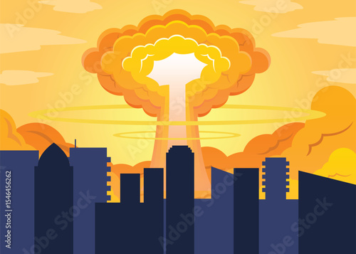 Nuclear explosion. Vector art of the atomic bomb. Huge mushroom cloud. Explosive destruction. Toxic radioactivity.Fear of nuclear war. Catastrophic event. World war.