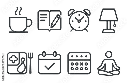 Daily routine outline icons set – simple, everyday activities and lifestyle symbols