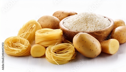 pasta potatoes rice carbohydrates white background