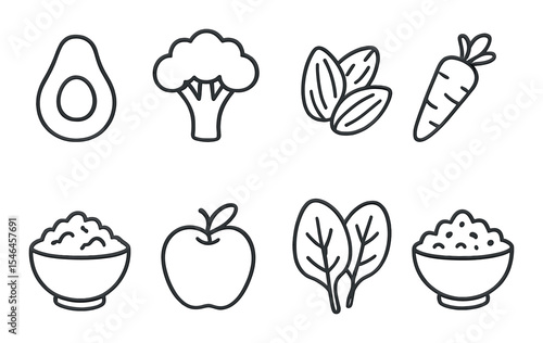 Healthy food icons set – linear, simple nutrition and wholesome diet symbols