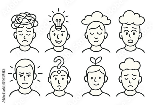Mental state icons set – linear, emotional and mood expression symbols