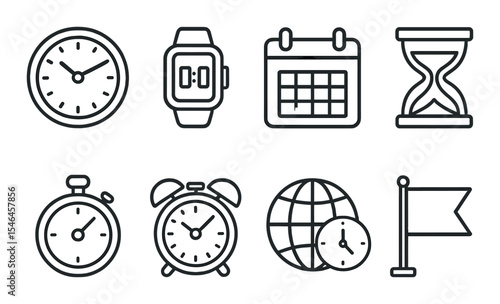 Time and clock icons set – outline, scheduling and punctuality symbols