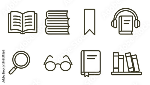 Book and reading linear icons set – education, library, and literature symbols