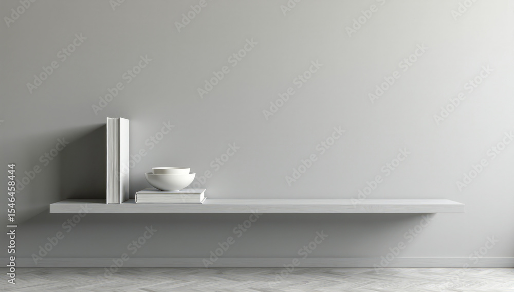 minimalistic shelf with books on a gray wall, copy space minimalistic shelf with books on a gray wall, copy space