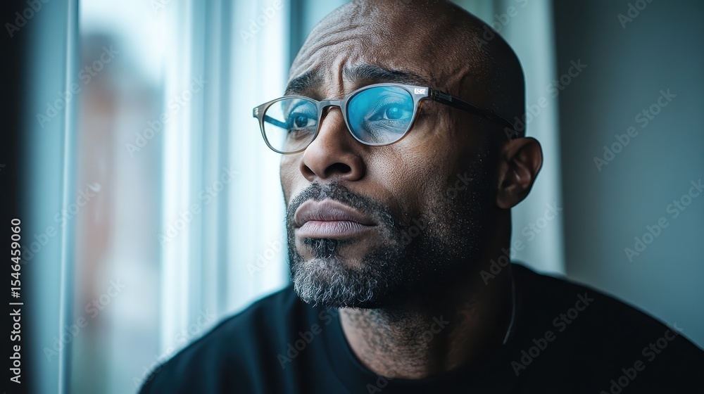 Obraz premium A thoughtful man gazes out through a window, reflecting on life’s deeper meanings, embodying the essence of introspection and emotional depth wrapped in serene ambiance.